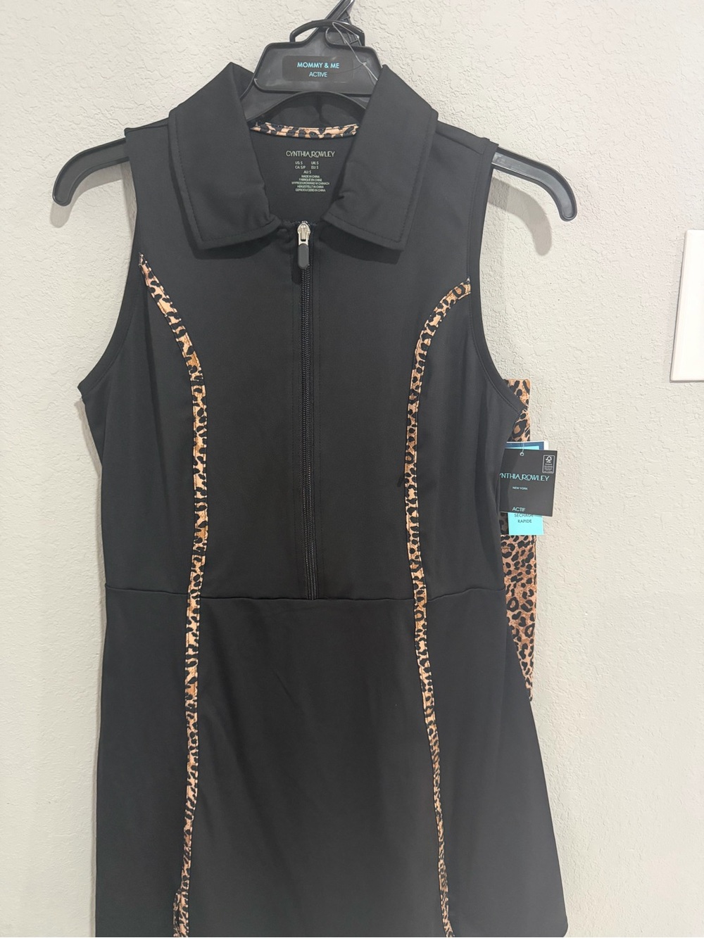 Cynthia Rowley Black Sleeveless Polo Tank with Leopard Trim